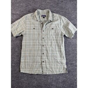 Patagonia Men's Green Plaid Short Sleeve Button-Up Hemp Cotton Shirt M